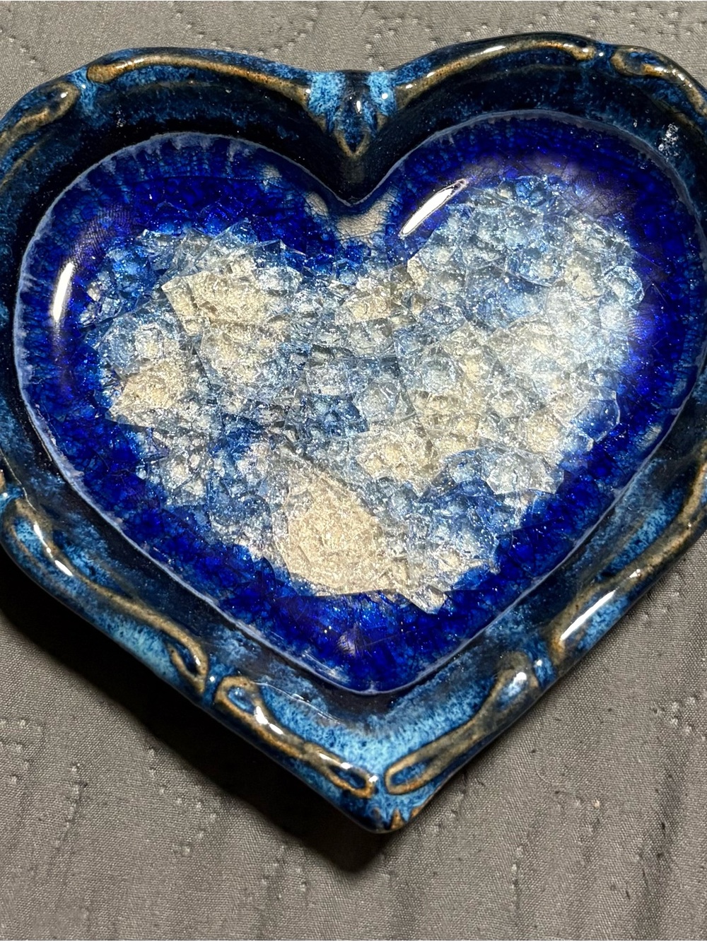 Artisan Handmade Cobalt Blue Stoneware Crackle Fused Glass Trinket Dish